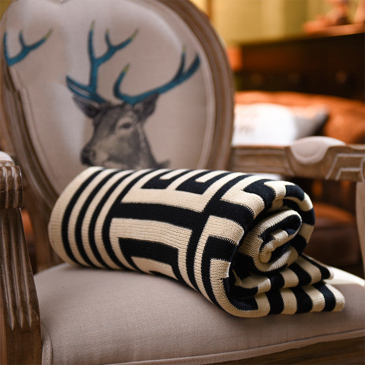 Geometric Knit Throw Blanket, black and cream Greek key pattern with striped border and soft textured weave