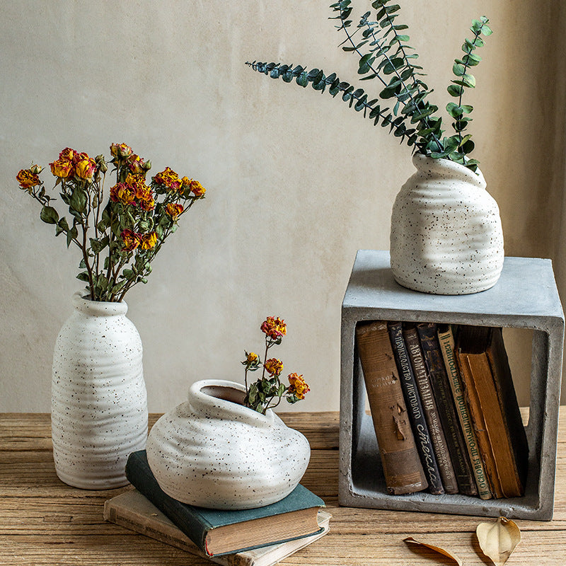 Speckled Ceramic Vase Set, textured off-white stoneware with organic rounded forms styled with dried florals and greenery