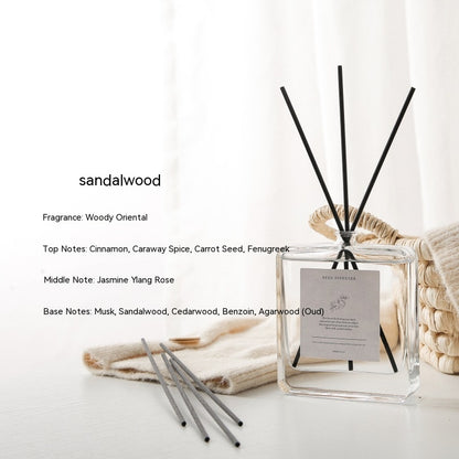 Luxury Glass Reed Diffuser, clear square bottle with black reed sticks and sandalwood woody fragrance for a warm, elegant and long-lasting home scent