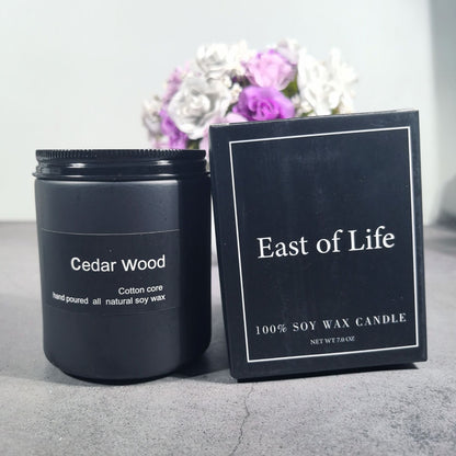 Cedar Wood Soy Wax Candle, minimalist black jar with cotton wick and natural long-lasting fragrance for a clean, modern home ambiance