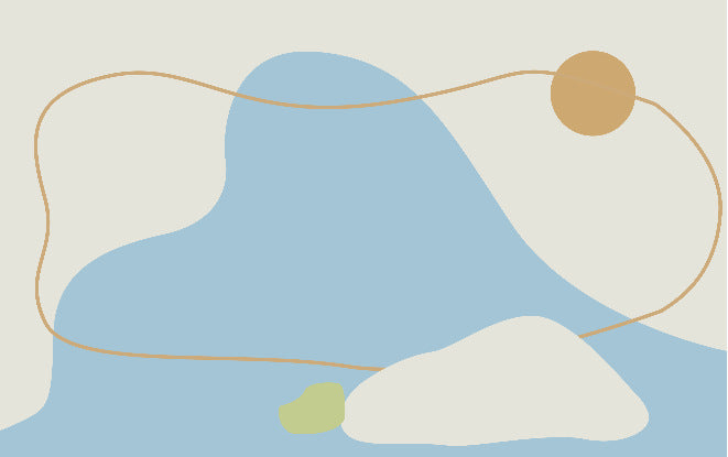 Abstract Landscape Rug, cream base with soft blue, beige, and green organic shapes and flowing line accents