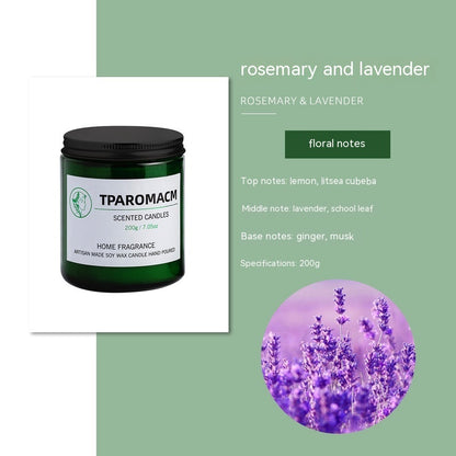 Rosemary & Lavender Soy Scented Candle, 200g green glass jar with herbal floral fragrance and clean, long-lasting home ambiance