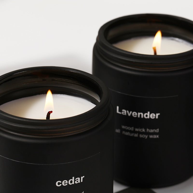 Minimalist Soy Wax Candle Duo, matte black jars with cedar and lavender scents for a clean, long-lasting and cozy home ambiance