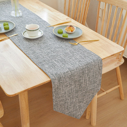 Textured Linen Table Runner, gray woven fabric with subtle crosshatch pattern and soft drape