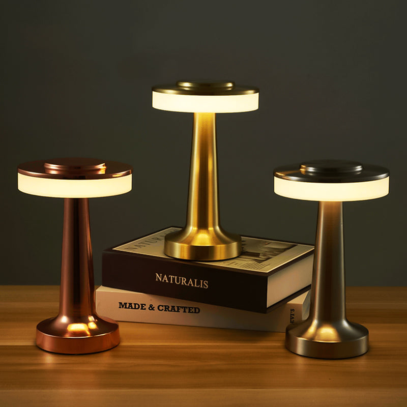 Modern LED Mushroom Table Lamp, minimalist cordless design with ambient ring light in rose gold, gold, and silver finishes