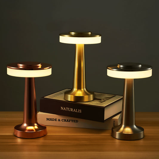 Modern LED Mushroom Table Lamp, minimalist cordless design with ambient ring light in rose gold, gold, and silver finishes