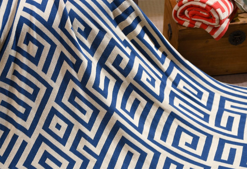 Geometric Knit Throw Blanket, blue and cream Greek key pattern with all-over maze design and soft textured weave