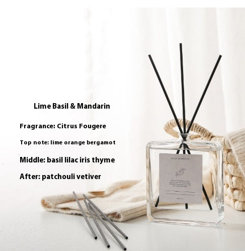 Luxury Glass Reed Diffuser, clear square bottle with black reed sticks and lime basil mandarin citrus fragrance for a fresh, vibrant and long-lasting home scent