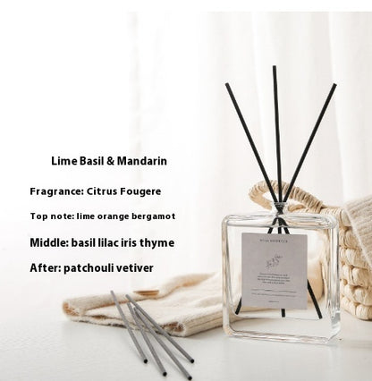 Luxury Glass Reed Diffuser, clear square bottle with black reed sticks and lime basil mandarin citrus fragrance for a fresh, vibrant and long-lasting home scent