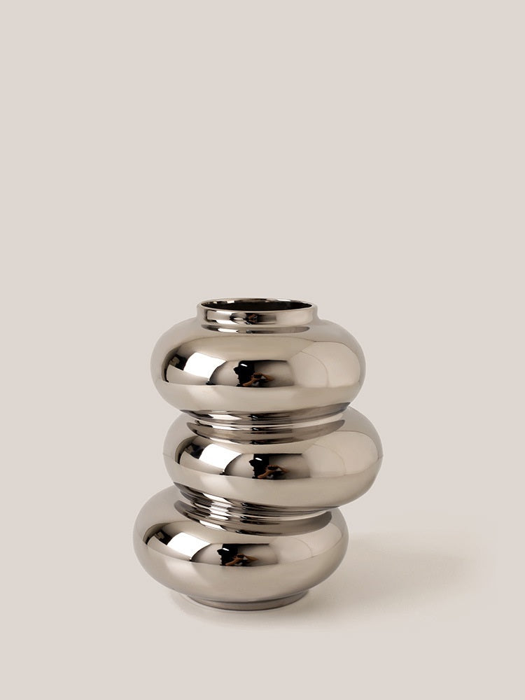 Triple Stack Orb Vase, reflective chrome-finish ceramic with smooth rounded tiered form