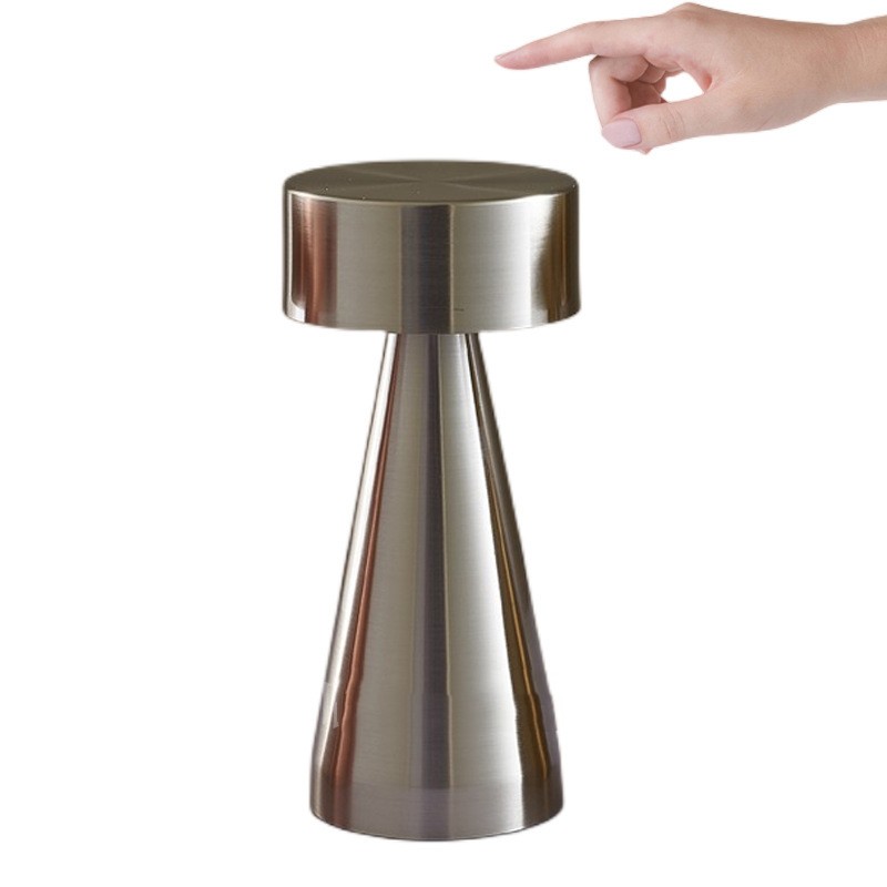 Modern Metal Mushroom Table Lamp, brushed silver finish with touch control cordless design
