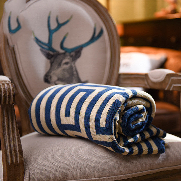 Geometric Knit Throw Blanket, blue and cream Greek key pattern with striped border and soft textured weave