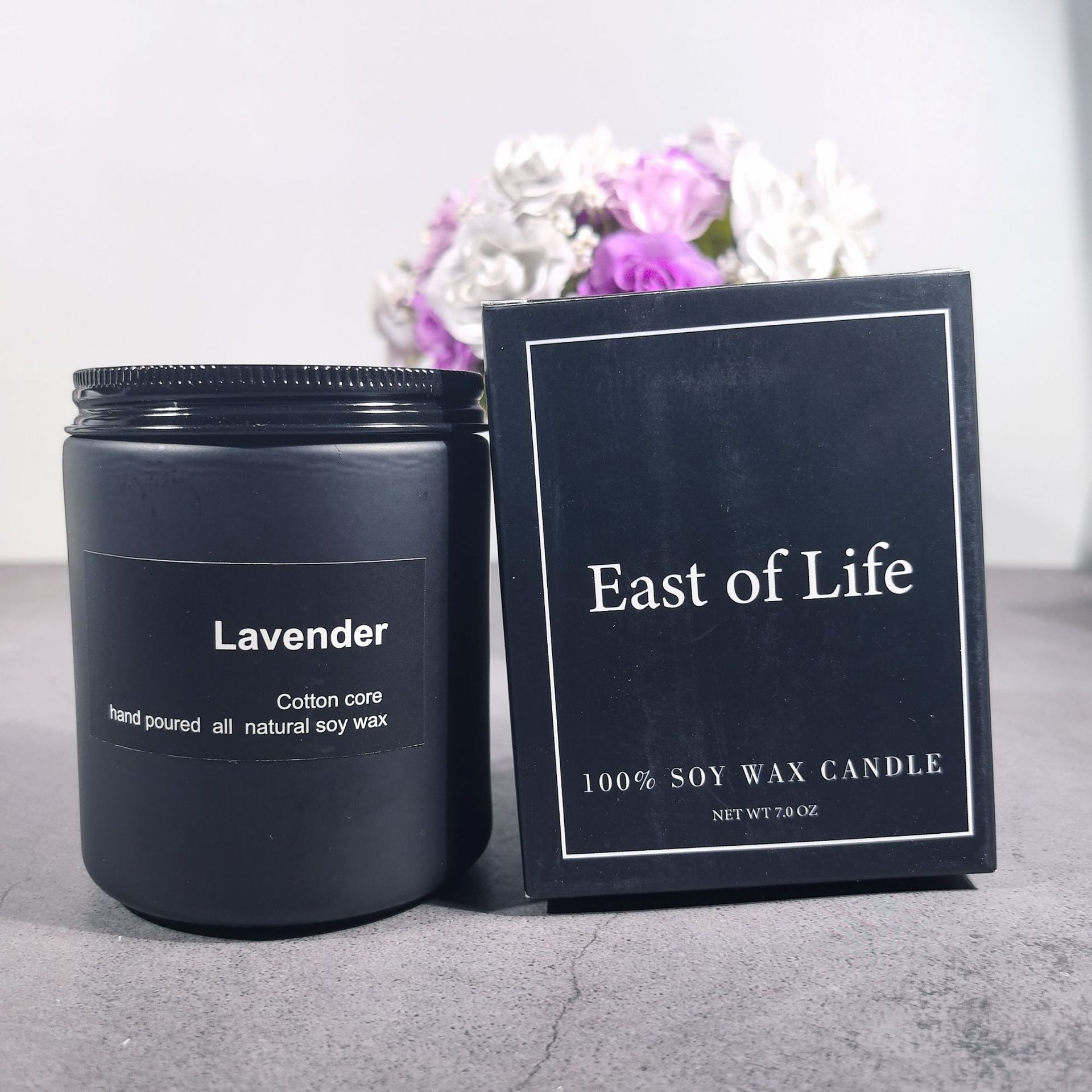 Lavender Soy Wax Candle, minimalist black jar with cotton wick and calming floral fragrance for a clean, long-lasting home ambiance