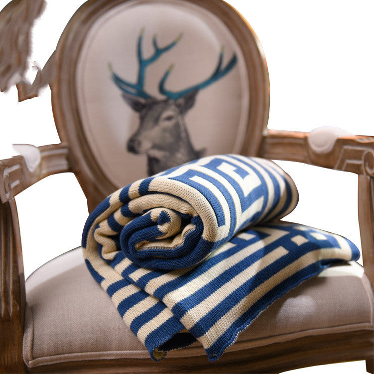 Geometric Knit Throw Blanket, blue and cream Greek key pattern with striped border and soft textured weave