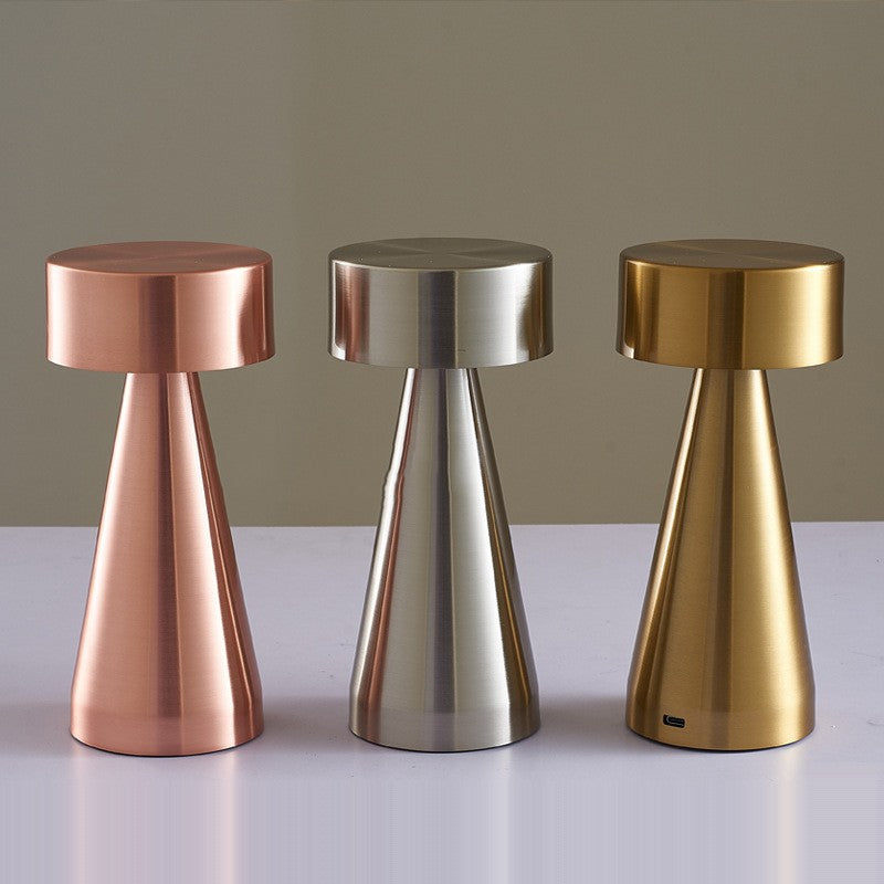 Modern Metal Mushroom Table Lamp, minimalist cordless design with brushed finish in rose gold, silver, and gold options