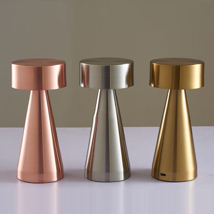 Modern Metal Mushroom Table Lamp, minimalist cordless design with brushed finish in rose gold, silver, and gold options