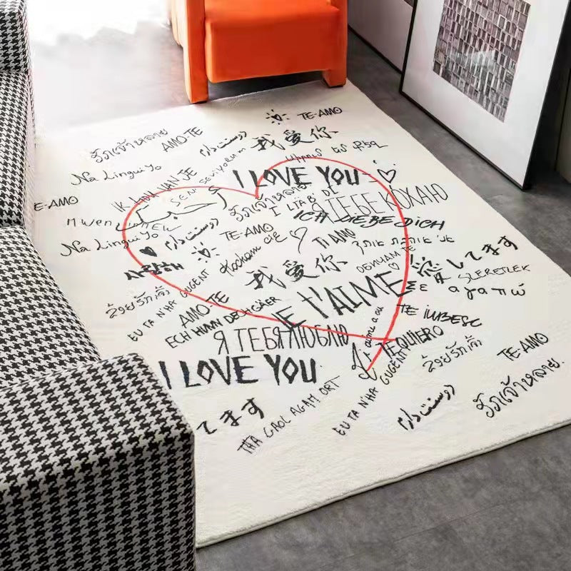 Love Script Area Rug, cream woven textile with multilingual handwritten typography and red heart outline
