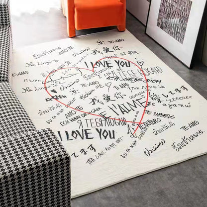 Love Script Area Rug, cream woven textile with multilingual handwritten typography and red heart outline