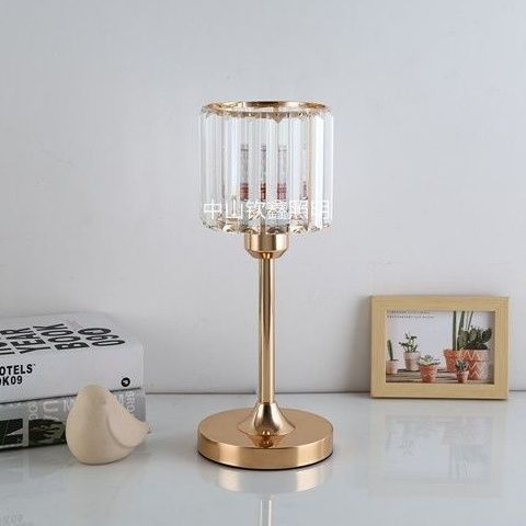 Crystal Column Table Lamp, clear ribbed glass shade with gold metal base and slender stem
