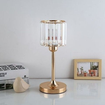 Crystal Column Table Lamp, clear ribbed glass shade with gold metal base and slender stem