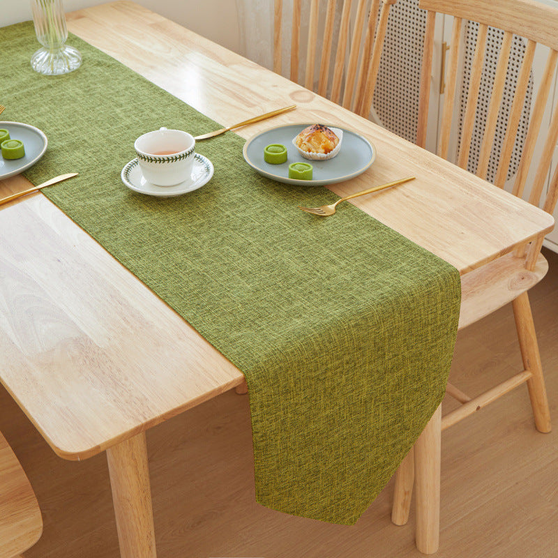 Textured Linen Table Runner, olive green woven fabric with subtle crosshatch pattern and soft drape