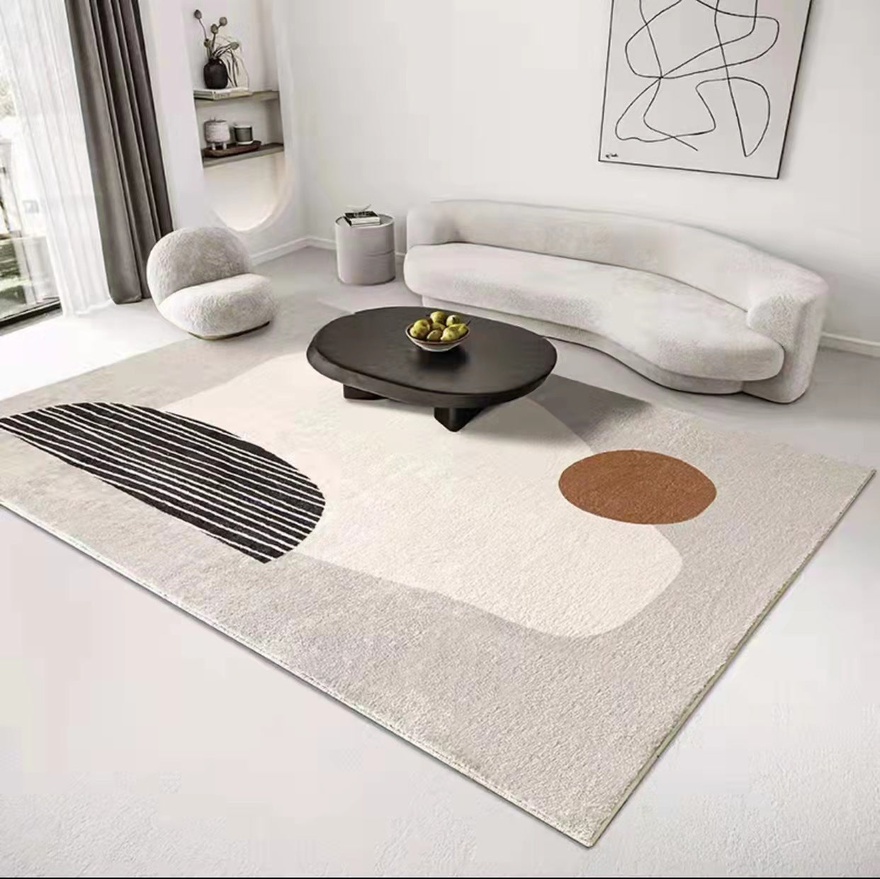 Abstract Neutral Area Rug, textured cream woven textile with geometric shapes in black stripes and warm brown accents